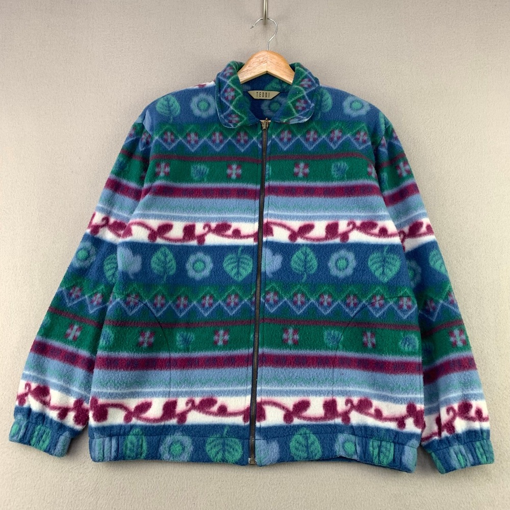 Vintage Teddi Fleece Jacket Womens L Multi Geometric Floral Full Zip Soft Nordic
